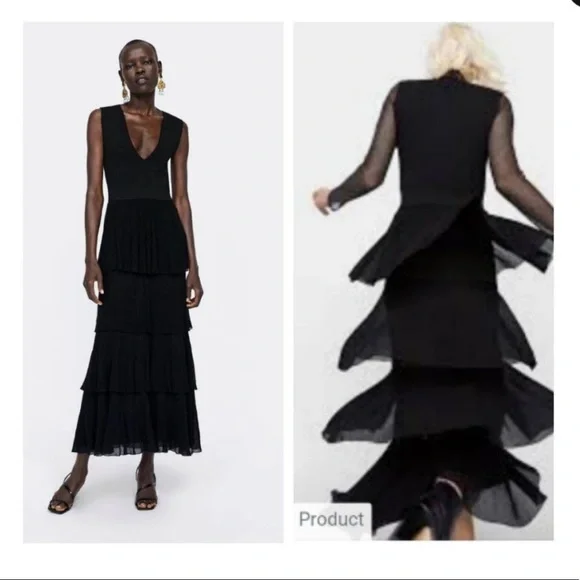 ZARA ザラ✨knit ruffle dress Sサイズ　黒 POINTELLE KNIT RUFFLE LONG DRESS - Black | ZARA United States